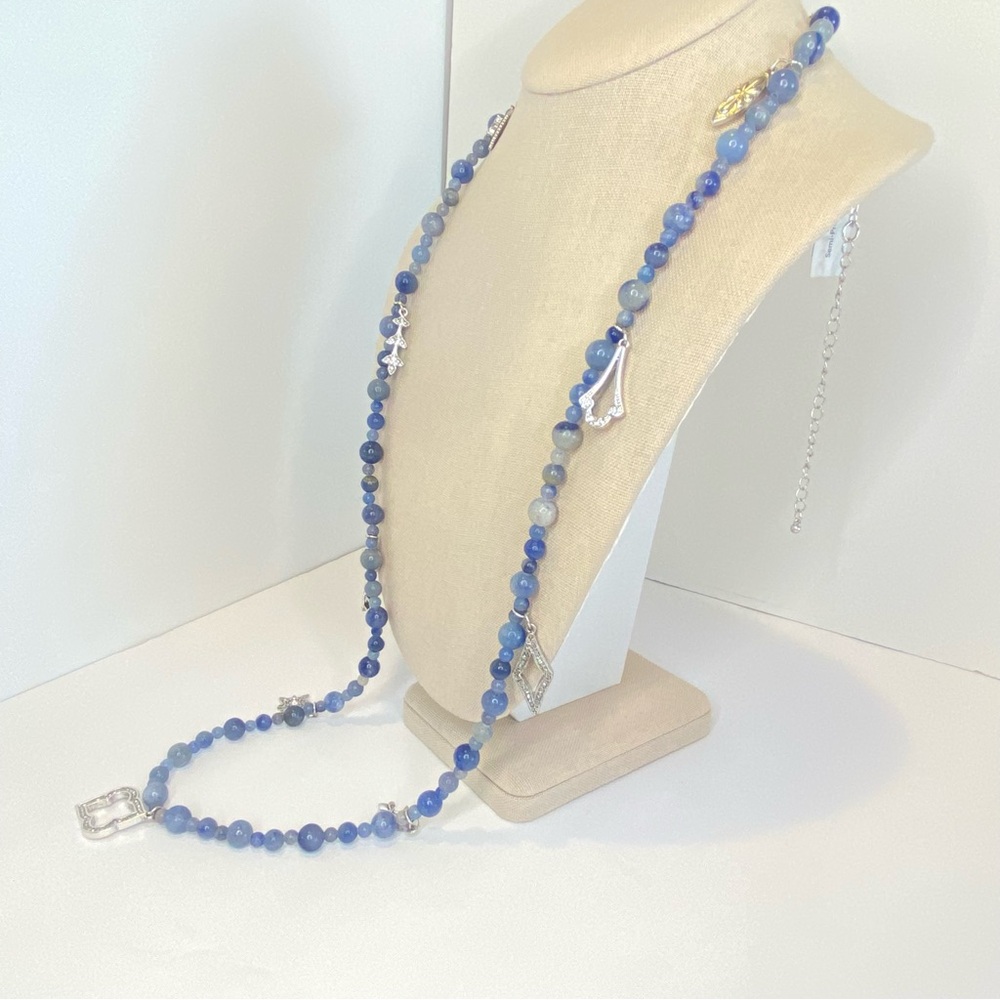 WHBM Blue Necklace Aventurine Stone Beaded Rhinestone Key Charm Long - Picture 4 of 14